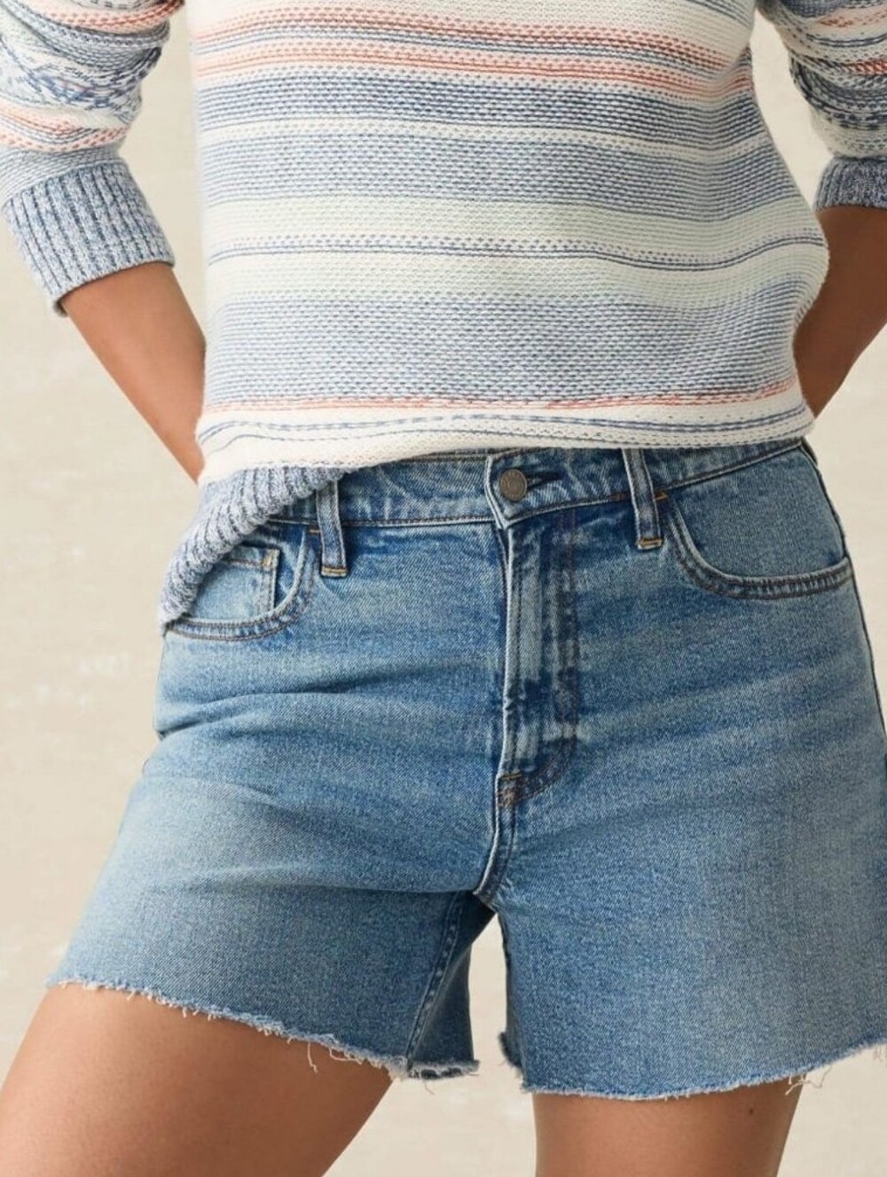 Faherty Indigo Dyed light distress high rise denim cutoff shorts